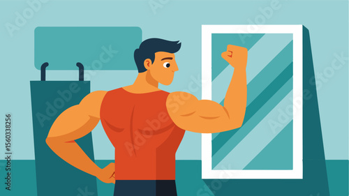 In front of a mirror a man flexes his bicep and admires the definition he has gained from months of consistent workouts.. Vector illustration