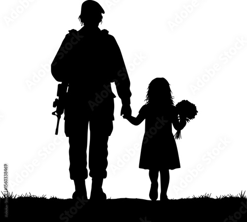 Silhouette a female soldier walking hand-in-hand with a young girl