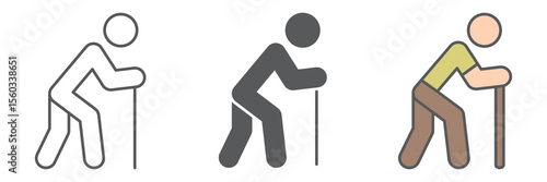 Old man with cane icon collection, disability and pensioner, old man with walking stick sign vector set graphics, editable stroke linear icon, eps 10