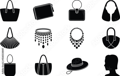 Black and White Fashion Accessory Icons Set Tote Bags Wallet Necklace Hat