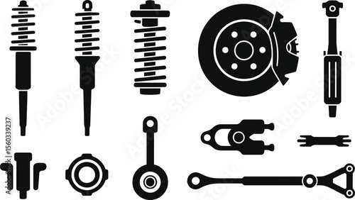 Black Silhouettes of Car Parts Shock Absorbers Brake Disc