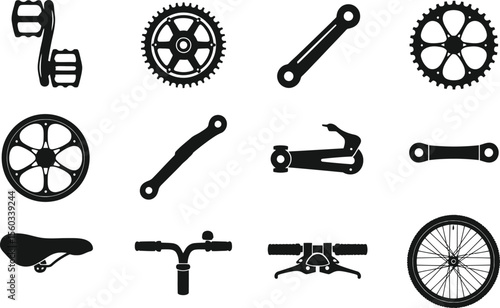 Black Bicycle Parts Icons Set Wheel Gear Crank Pedal
