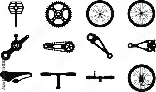 Bicycle Parts Silhouettes Black and White Icons Set