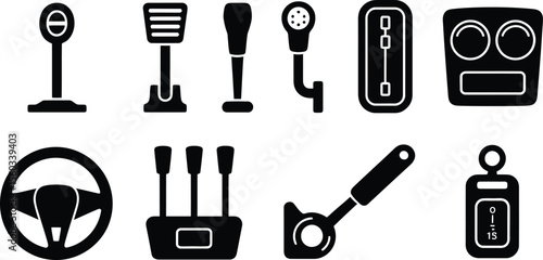 Black and White Car Control Icons Set Steering Wheel Gearshift