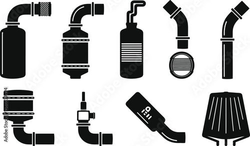 Black Silhouettes of Various Exhaust System Parts muffler