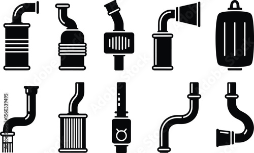 Black and White Car Exhaust System Parts Icons Set