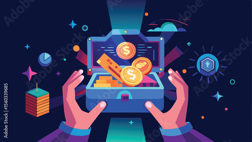 Illustration of hands presenting a treasure chest filled with gold coins and other precious items around it