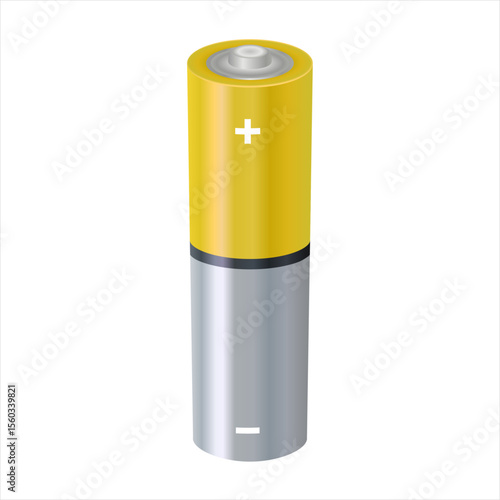 Yellow-metallic alkaline battery. Single AA battery stands vertically. Realistic rechargeable battery. Design template for branding, mockup. Vector Illustration isolated on white background