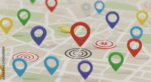 Map with location pins – GPS navigation and geolocation icons over city streets.