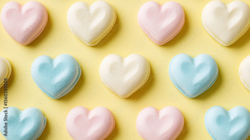 Obraz premium Heart shaped pastel marshmallows pink, blue, and white colors arranged yellow background creating soft and cheerful pattern