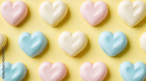 Heart shaped pastel marshmallows pink, blue, and white colors arranged yellow background creating soft and cheerful pattern