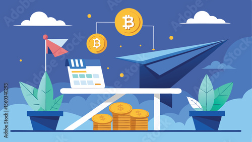 Bitcoin network illustration with paper plane, calendar, coins, and potted plants on a white table