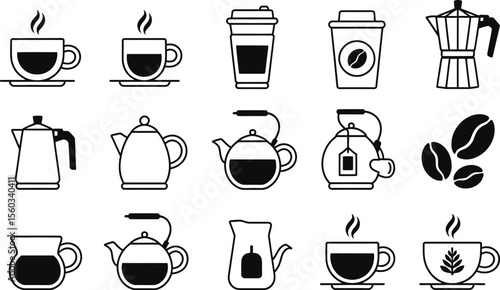 Coffee Tea Beverage Icons Black White Line Art Set
