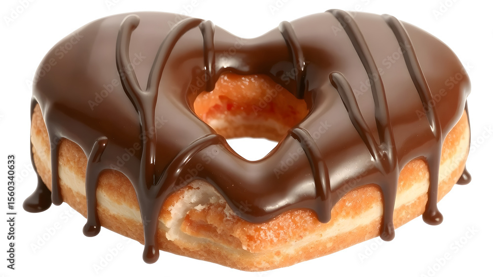 Obraz premium Realistic heart-shaped chocolate donut with glossy chocolate icing and dark chocolate drizzle isolated on transparent background. isolated white background