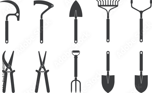 Gardening Tools Set Gray Silhouettes Collection garden tools
