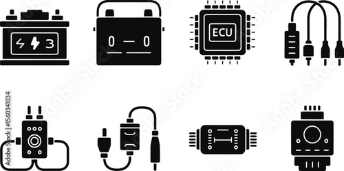 Eight Black Car Electrical System Icons battery
