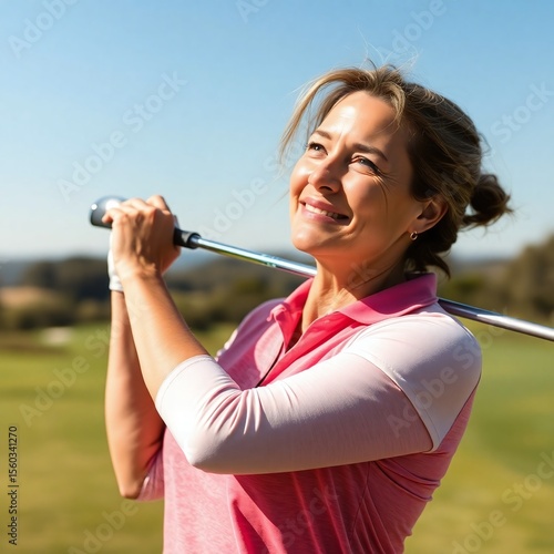Happy Mature Woman Enjoying a Sunny Day of Golf