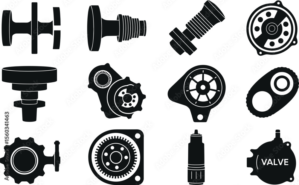 Obraz premium Black and White Engine Parts Icons Set Mechanical Components