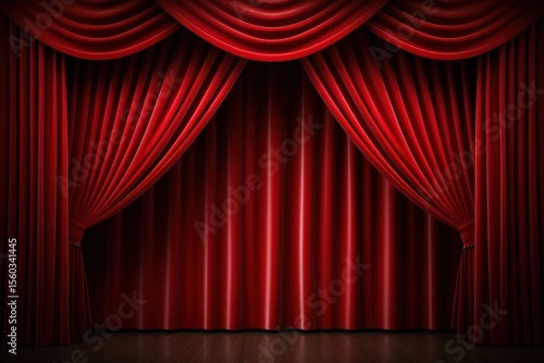 Wallpaper Mural Red velvet theater curtains with elegant folds partially open on a wooden stage under spotlight. Torontodigital.ca