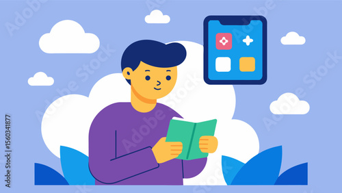 A person using an interactive storybook app on their phone with customizable settings to adjust the level of difficulty for memory games and exercises.. Vector illustration