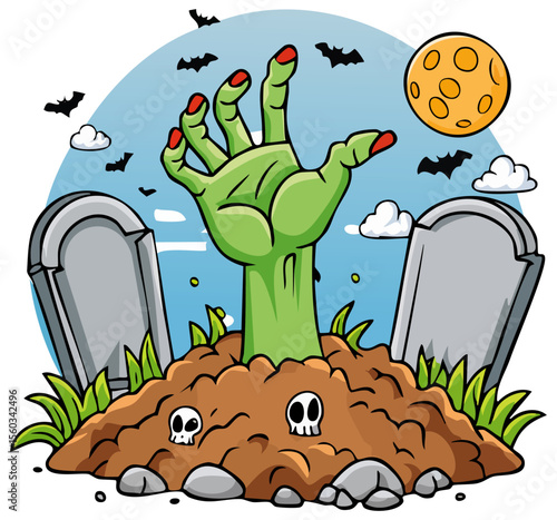 Cartoon green zombie hand reaching out of a grave with tombstones and bats