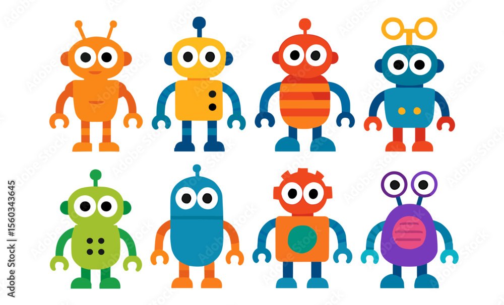 Obraz premium Colorful cartoon robots: playful characters for kids' fun and creativity