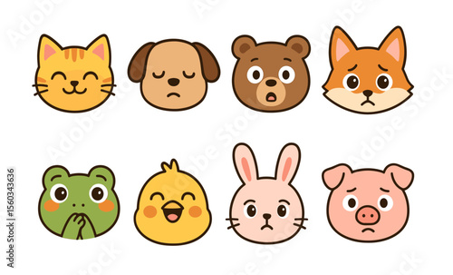 Cute animal faces set featuring cat, dog, bear, fox, frog, chick, rabbit, and pig