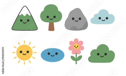 Cute nature icons with smiling faces: mountain, tree, rock, cloud, sun, flower, and bush