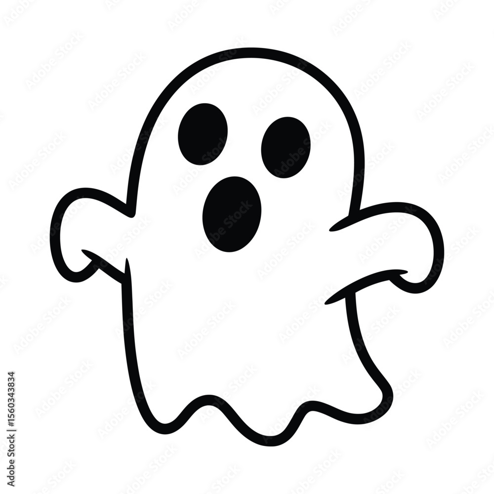 Fototapeta premium Cute cartoon ghost with surprised expression and open mouth on white background