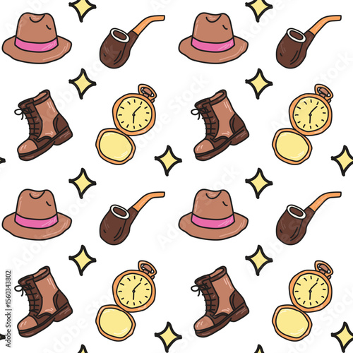 Seamless vector pattern of detective hat, boots, pipe, and pocket watch in cartoon style.