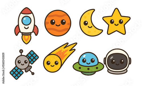 Cute kawaii space icons featuring rocket, planets, moon, star, and astronaut