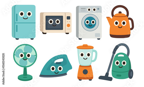 Cute cartoon home appliances with faces: refrigerator, microwave, washing machine, kettle, fan, iron, blender, vacuum