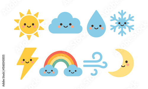 Cute weather icons: sun, cloud, raindrop, snowflake, lightning, rainbow, wind, moon