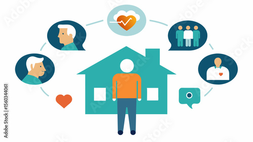 A memory care unit designed with intuitive navigation safety features and reminiscence therapy to support individuals with dementia and their families.. Vector illustration