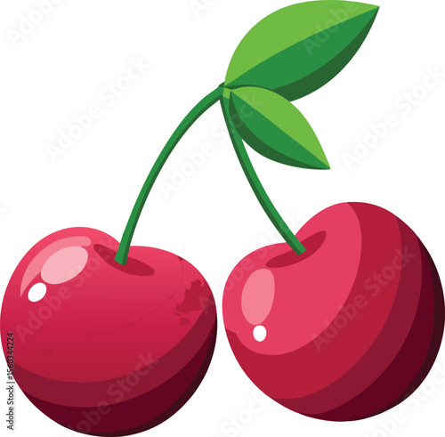Illustration of two cherries with green stem and leaves