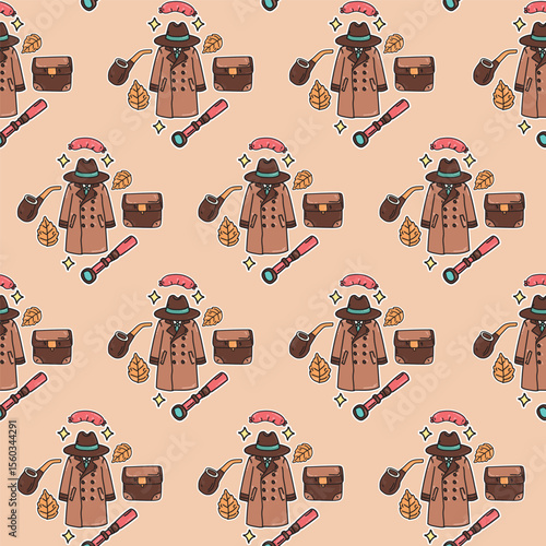 Cute seamless vector pattern with detective icons, perfect for mystery and kids' designs