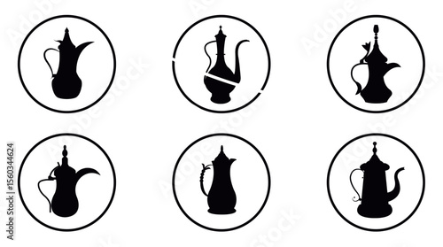 Classic Arabic Coffee Pot Silhouette for Culture Concepts, Arabic coffee Pot vectors Old Arabic teapot icons set. Black coffee pots, showcasing Arabian tradition and hospitality، Vector illustration