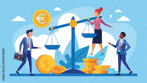 Business people balancing on scales with euro and dollar coins in a financial equilibrium concept
