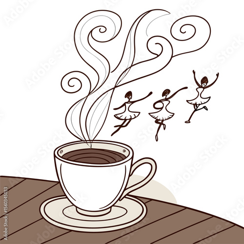 Illustration of a coffee cup with steam forming dancing figures on a table with simple line art style