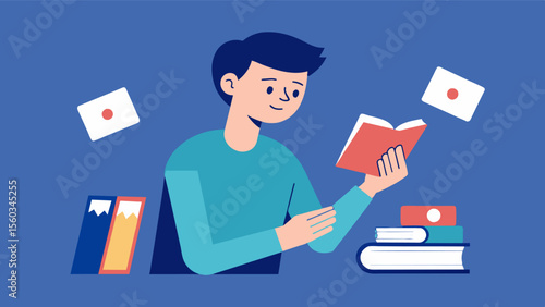 A student using flashcards to study for a vocabulary test a popular memory recall technique to aid in learning new information.. Vector illustration