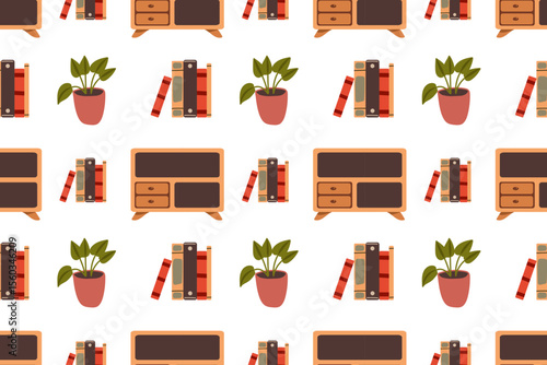 Seamless pattern with cozy interior with house plants. Vector illustration of armchair, bookshelf plants and books collected in ornament on white background