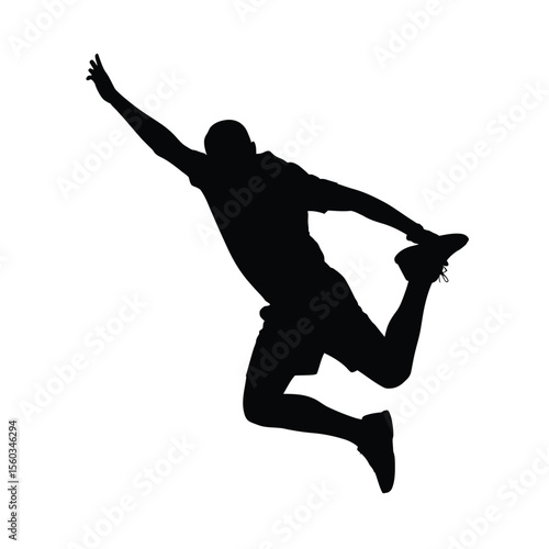 Silhouette of a male athlete jumping and stretching on a white background