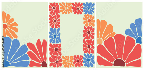 Mid Century Floral Frame Collection, Retro Daisy Flower Border Set, mid, century, modern, floral, frames, collection	