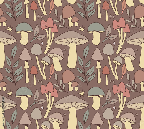 Autumn Forest Mushrooms Seamless Pattern, Cottagecore, Wild Mushrooms Fall Design	