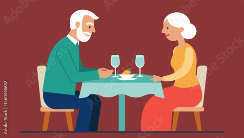 A senior couple in a restaurant with one partner gently and discreetly guiding the other on proper dining etiquette and table manners.. Vector illustration