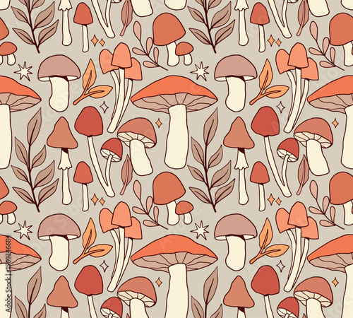 Autumn Forest Mushrooms Seamless Pattern, Cottagecore, Wild Mushrooms Fall Design	