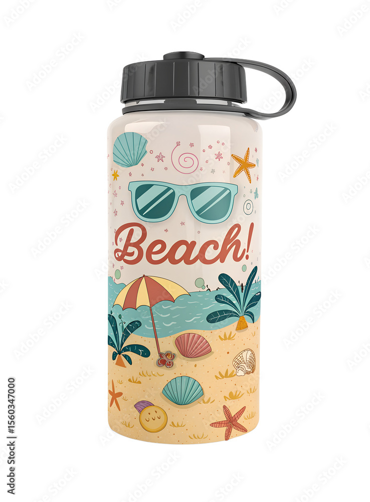 Fototapeta premium Summer Beach Themed Water Bottle with Sunglasses and Seashells Design