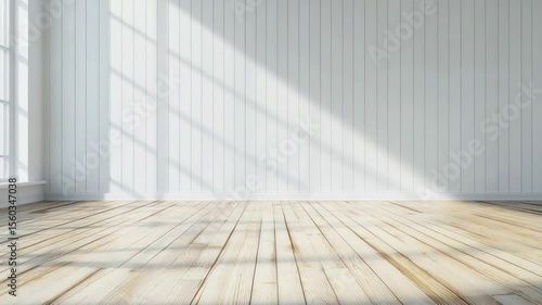 Empty room with white paneling and light-colored wooden floor