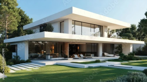 Modern, two-story home with expansive glass facade, nestled in lush landscaping