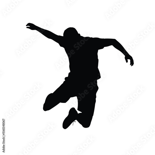 Silhouette of a man jumping with arms outstretched against a white background